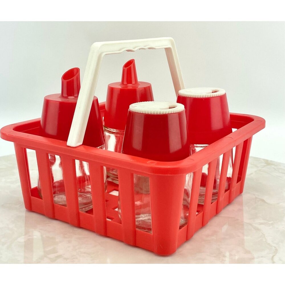 Vintage 70s condiment caddy, picnic plastic and glass dispensers